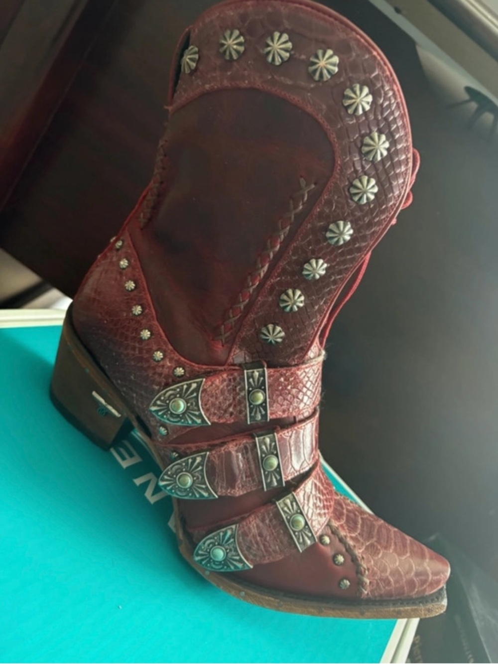 Women's Red Western Studded Buckle Heeled Boots